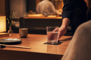 Waiter serving a glass of cold water on a dark coaster at a wooden dining table in a dimly lit Japanese restaurant.