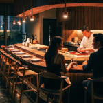 A couple enjoys an intimate omakase dinner at a sleek Japanese restaurant with a curved wooden counter, warm pendant lighting, and a chef preparing sushi behind the bar. The elegant ambiance and refined design highlight luxury dining in Singapore’s modern culinary scene.