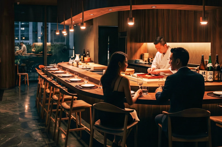 A couple enjoys an intimate omakase dinner at a sleek Japanese restaurant with a curved wooden counter, warm pendant lighting, and a chef preparing sushi behind the bar. The elegant ambiance and refined design highlight luxury dining in Singapore’s modern culinary scene.