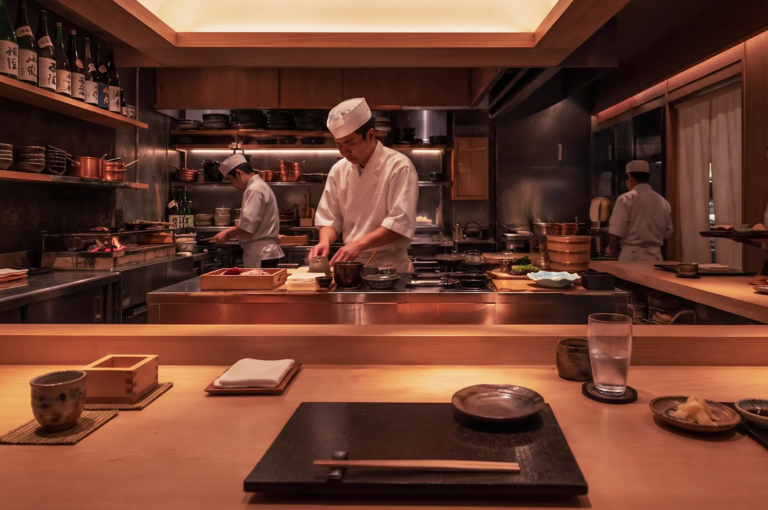 Japanese chefs in white uniforms preparing dishes behind a wooden omakase counter at a fine‑dining restaurant in Singapore, showcasing traditional culinary precision.