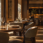 Luxurious restaurant with warm ambient lighting, wooden tables set with wine glasses, napkins, and candles, featuring plush chairs and an open kitchen in the background; upscale dining atmosphere.
