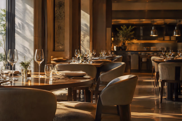Luxurious restaurant with warm ambient lighting, wooden tables set with wine glasses, napkins, and candles, featuring plush chairs and an open kitchen in the background; upscale dining atmosphere.