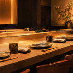 Elegant Japanese omakase counter with handcrafted ceramic plates, wooden chopsticks, and warm ambient lighting creating a refined fine‑dining atmosphere.