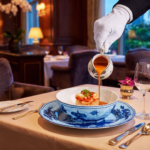 Elegant fine dining table setting with a waiter pouring rich lobster bisque into a porcelain bowl — upscale restaurant experience in Singapore.