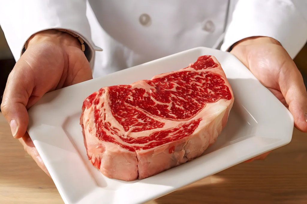 Chef presenting a thick, marbled ribeye steak on a white plate; premium beef cut ideal for grilling.
