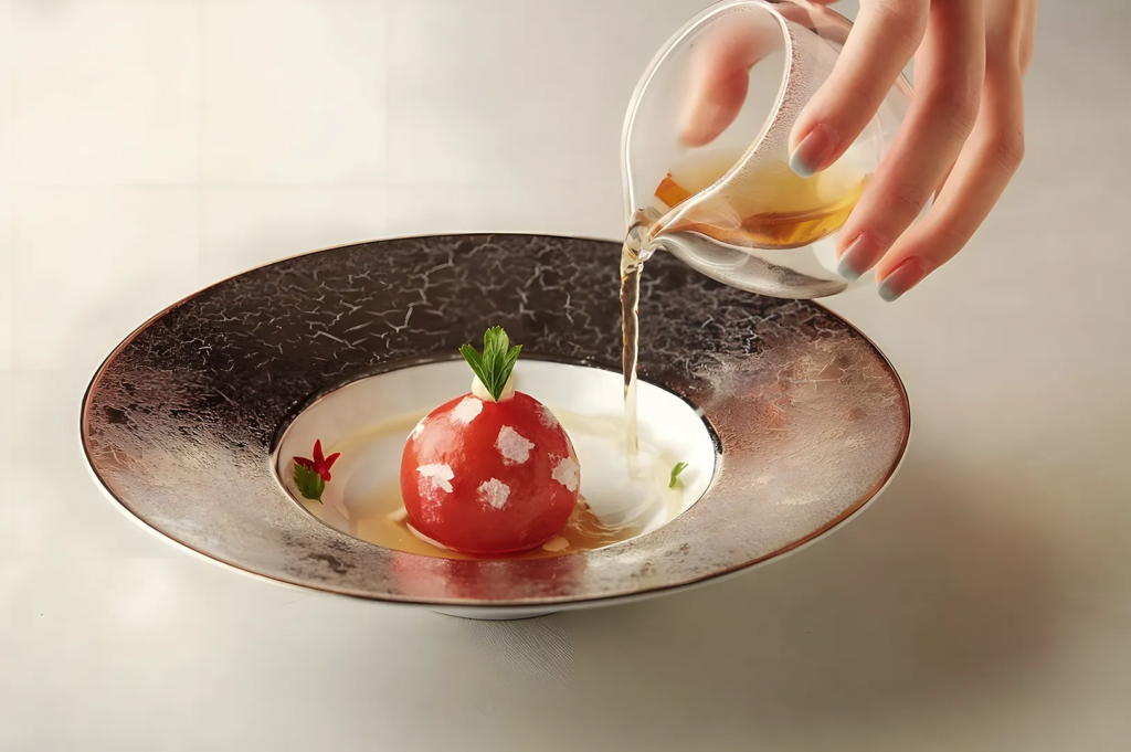 Chef pouring broth over a tomato sphere garnished with herbs and edible silver flakes, presented on a textured fine dining plate.