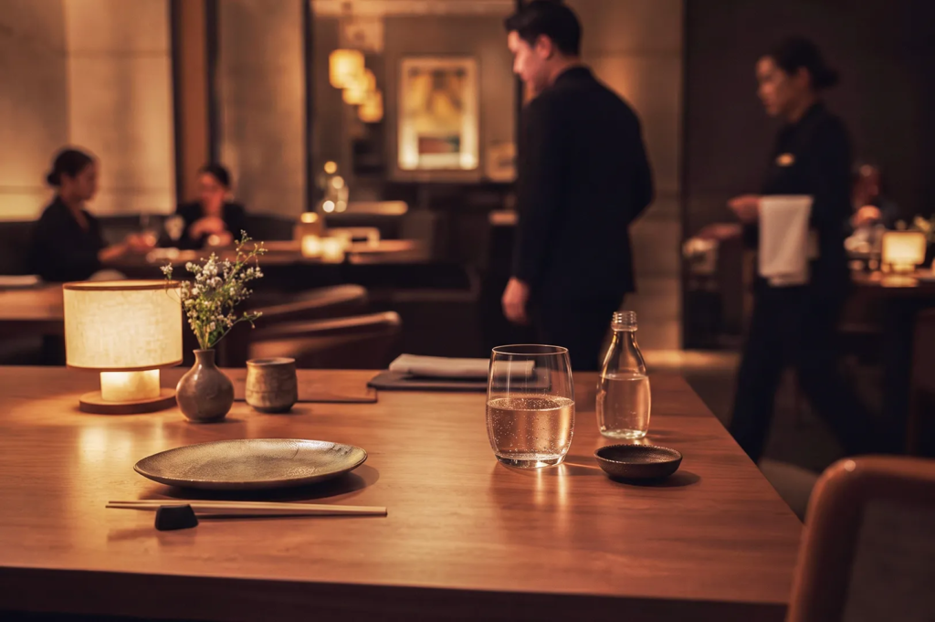 Water glass and small glass bottle on a wooden dining table with ceramic dishware and a table lamp, with staff in motion in the background.