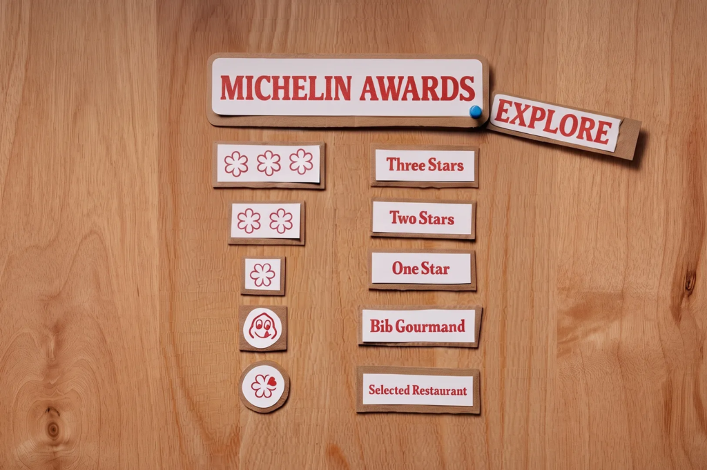 Wooden board displaying Michelin Awards categories including Three Stars, Two Stars, One Star, Bib Gourmand, and Selected Restaurant with red icons.