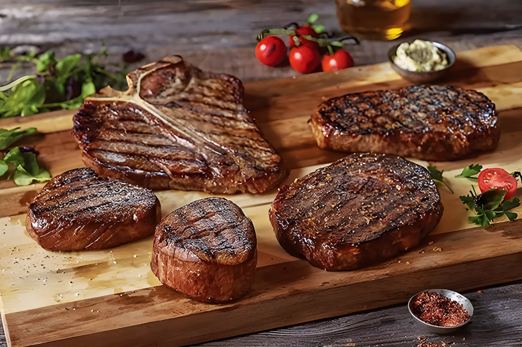 Selection of T‑bone, filet mignon, and ribeye steaks with charred grill marks, surrounded by herbs, tomatoes, and seasoning; rustic gourmet meat platter.