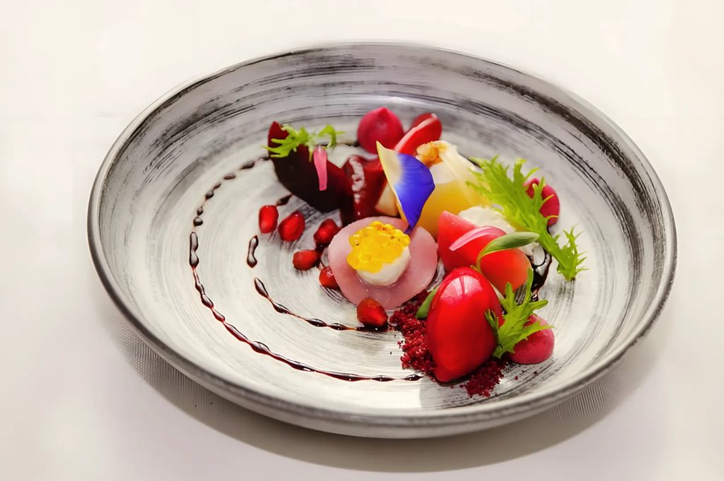 Colorful fine dining salad plated with pomegranate seeds, edible flowers, and fresh vegetables on a textured gray ceramic plate, showcasing artistic culinary presentation.