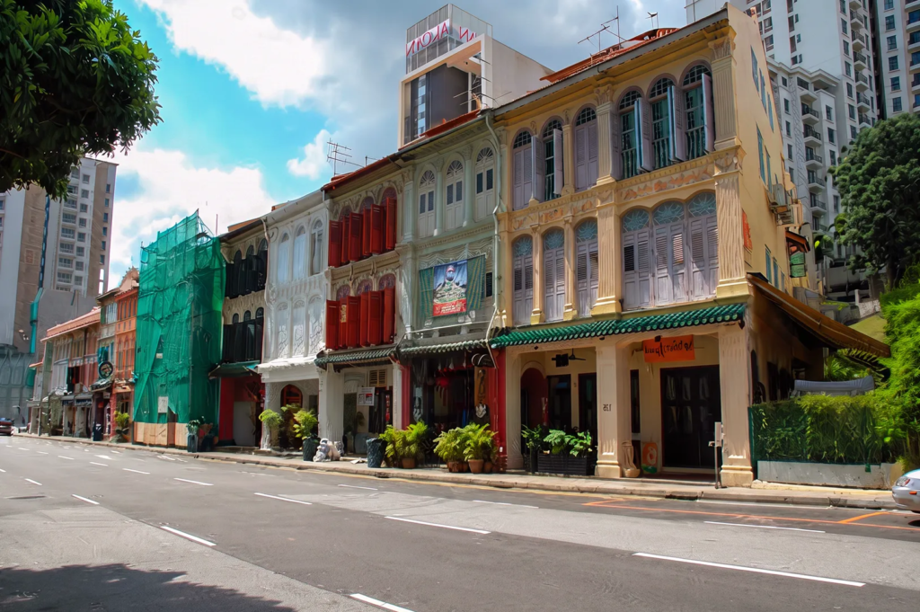 Colorful heritage shophouses along a quiet street in Singapore’s Chinatown, blending traditional architecture with modern city surroundings.
