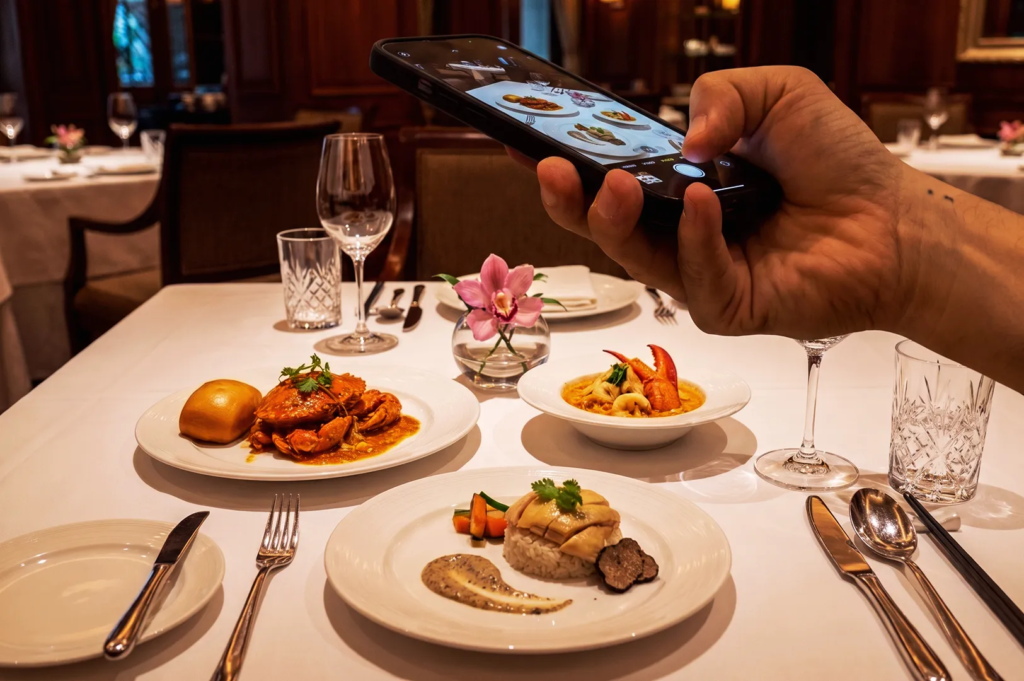 Person photographing plated gourmet dishes including chili crab, lobster pasta, and truffle chicken rice — fine dining food photography in Singapore.