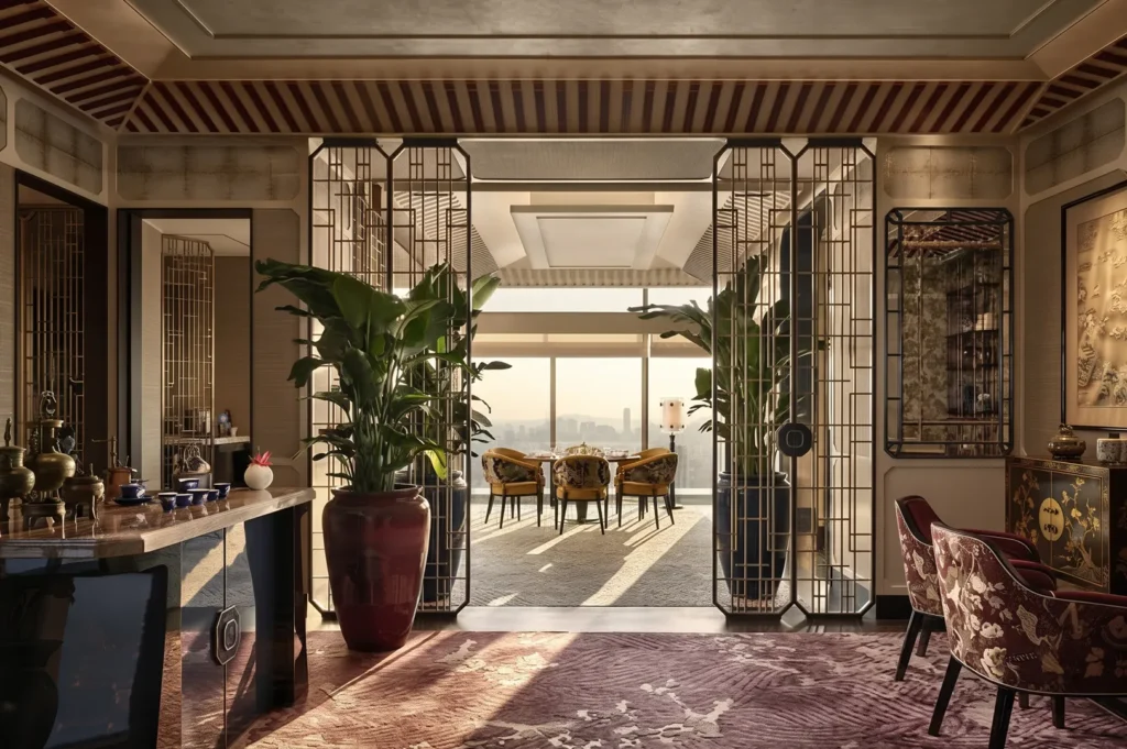 Elegant fine‑dining interior with Asian‑inspired decor, large potted plants, and panoramic city views through floor‑to‑ceiling windows.