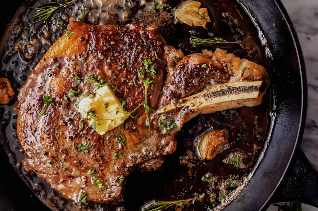 Seared ribeye steak with melted butter, garlic, and rosemary sizzling in a cast‑iron skillet; rich, flavorful steak cooked to perfection.