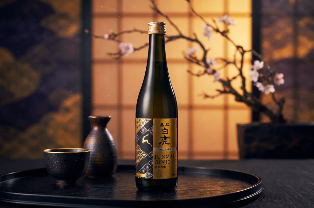 Yuki No Bosha Junmai Daiginjo sake bottle and gold box on wooden table with flowers and stones — premium Japanese sake packaging for fine dining and gifting.