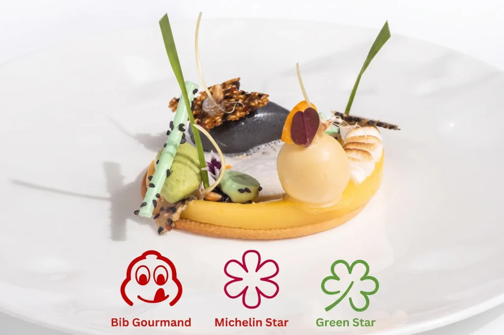 Artistic plated dessert with colorful garnishes representing Michelin distinctions — Bib Gourmand, Michelin Star, and Green Star — on a white plate.