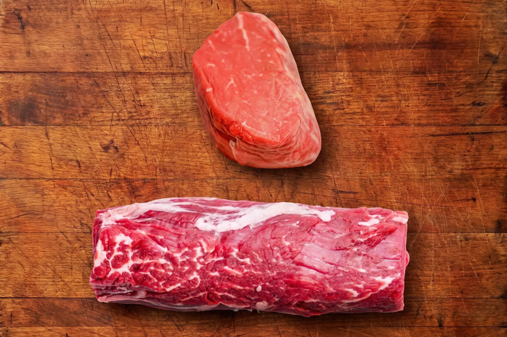 Fresh tenderloin and filet mignon cuts displayed on a rustic cutting board; high‑quality meat ready for grilling or roasting.