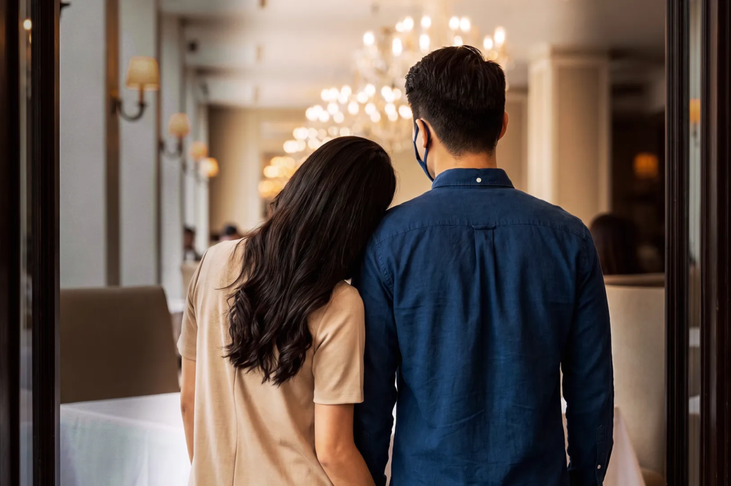 Couple standing close together in chandelier‑lit restaurant — romantic fine dining ambiance in Singapore.