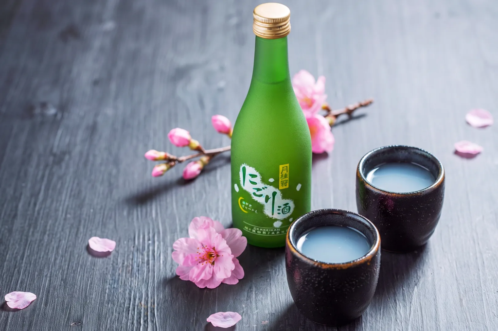 Assorted Japanese sake bottles and cans displayed on a wooden counter with warm lighting and cherry blossoms — diverse sake brands in a traditional Japanese bar.