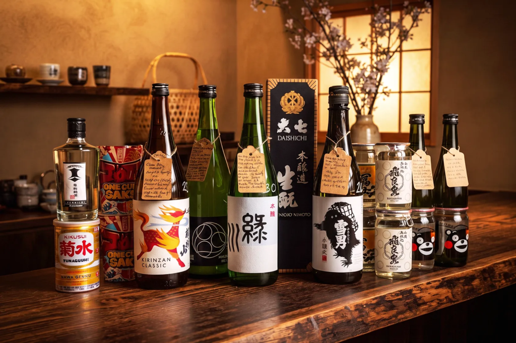 Assorted Japanese sake bottles and cans displayed on a wooden counter with warm lighting and cherry blossoms — diverse sake brands in a traditional Japanese bar.