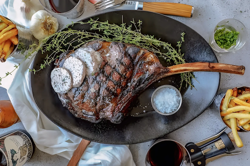 Grilled tomahawk steak topped with herb butter, served with fries, salt, and red wine; luxurious gourmet dining setup.