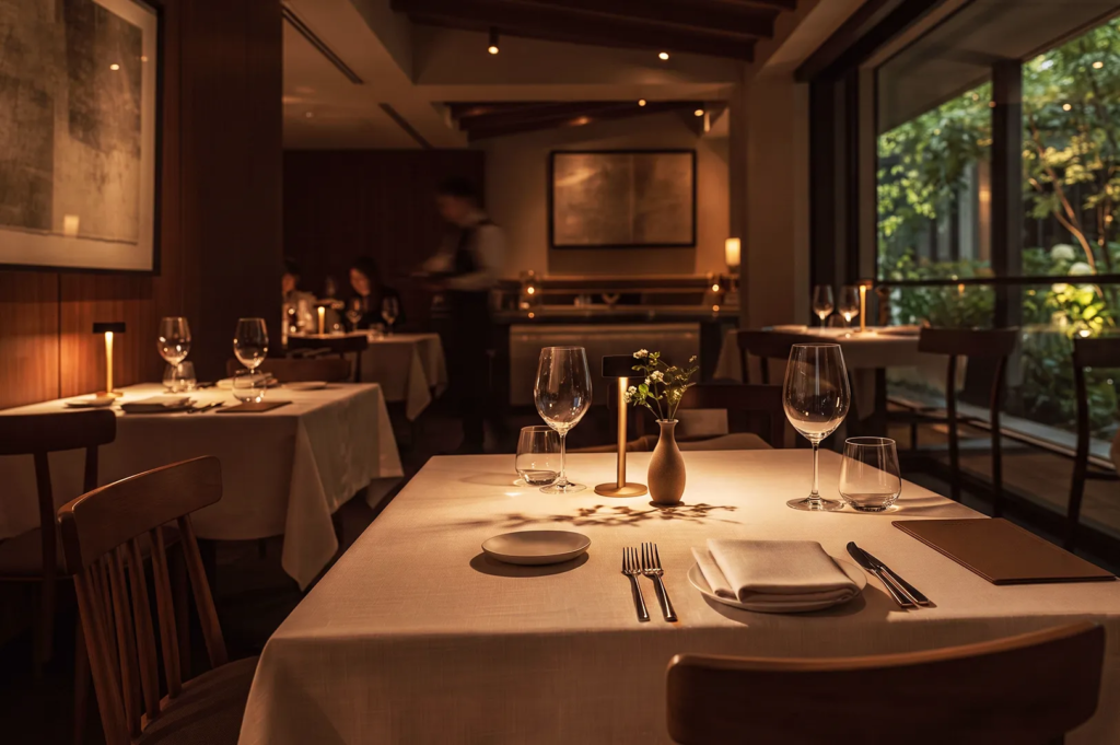 Elegantly set fine dining table with white tablecloth, wine glasses, silverware, folded napkin, and a small brass table lamp in a dimly lit upscale restaurant.