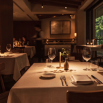 Elegantly set fine dining table with white tablecloth, wine glasses, silverware, folded napkin, and a small brass table lamp in a dimly lit upscale restaurant.