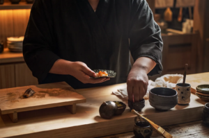 Japanese sushi chef preparing a hand roll with nori seaweed and salmon roe ikura at an omakase counter.