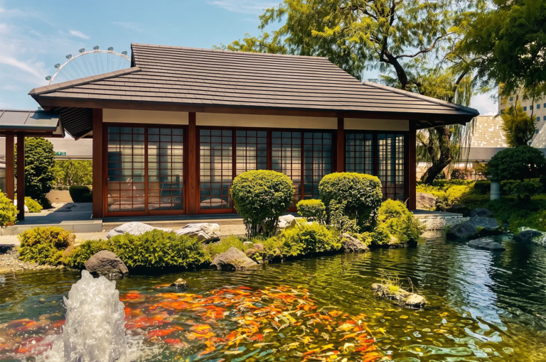 Traditional Japanese house with shoji doors beside a koi pond filled with colorful fish and manicured greenery — serene Japanese garden architecture in Singapore.