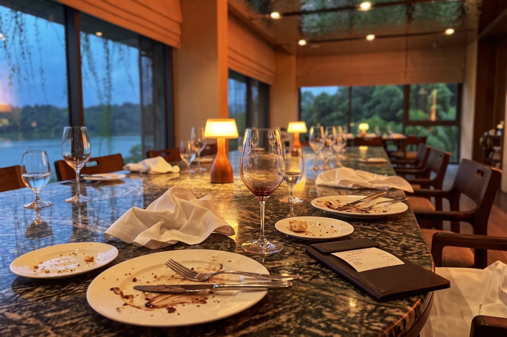 Fine dining table setting after a meal showing empty dessert plates with chocolate sauce residue, crumpled cloth napkins, wine glasses, and a leather bill holder on a polished marble counter.