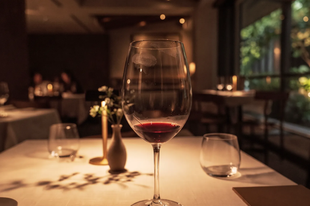 Close-up view of a glass of red wine on a white tablecloth table in a warm, low-lit fine dining restaurant.