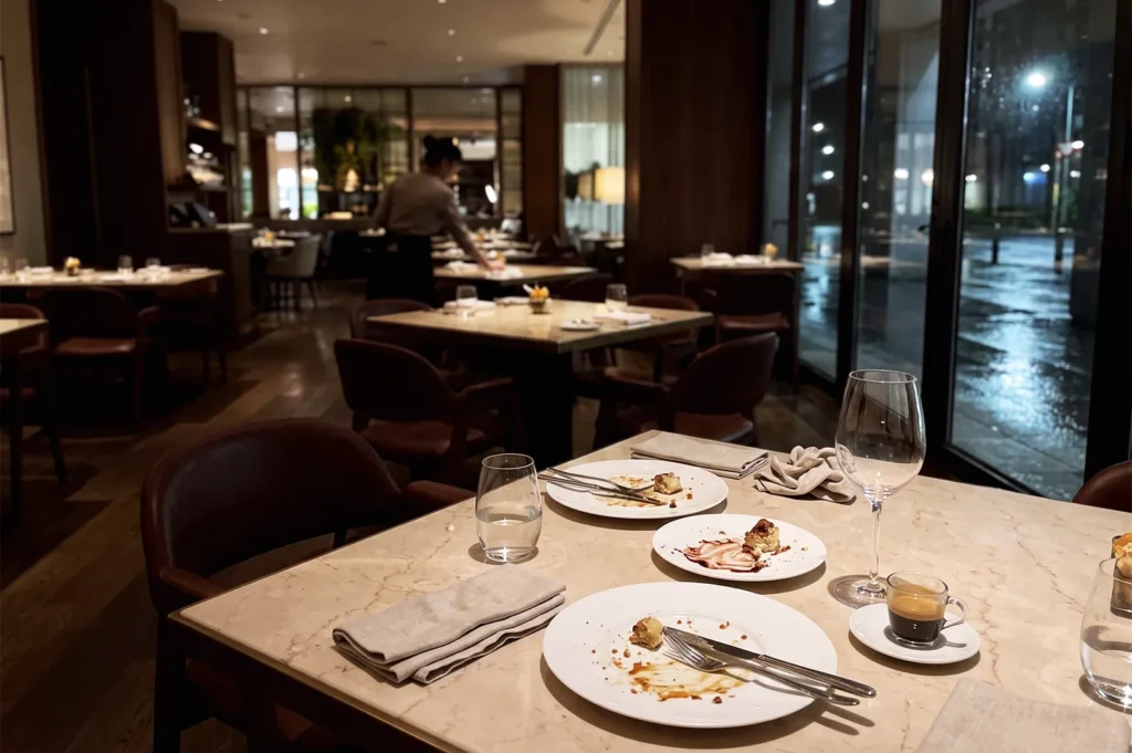 Upscale restaurant interior in Singapore at night with marble tables, leather chairs, and remnants of a finished meal including espresso, wine glass, and dessert plates.