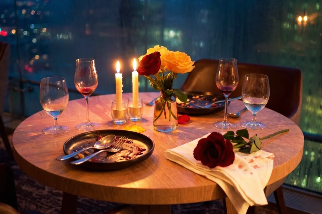 Cozy restaurant table with empty plates, wine glasses, and candlelight surrounded by rose petals and flowers, capturing the intimate ambiance of a completed romantic dinner overlooking Singapore’s city lights.