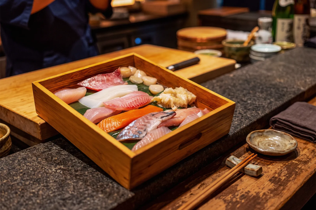 Wooden tray filled with premium raw seafood cuts such as salmon, tuna, mackerel, and scallops, prepared for omakase service at a traditional Japanese sushi counter.