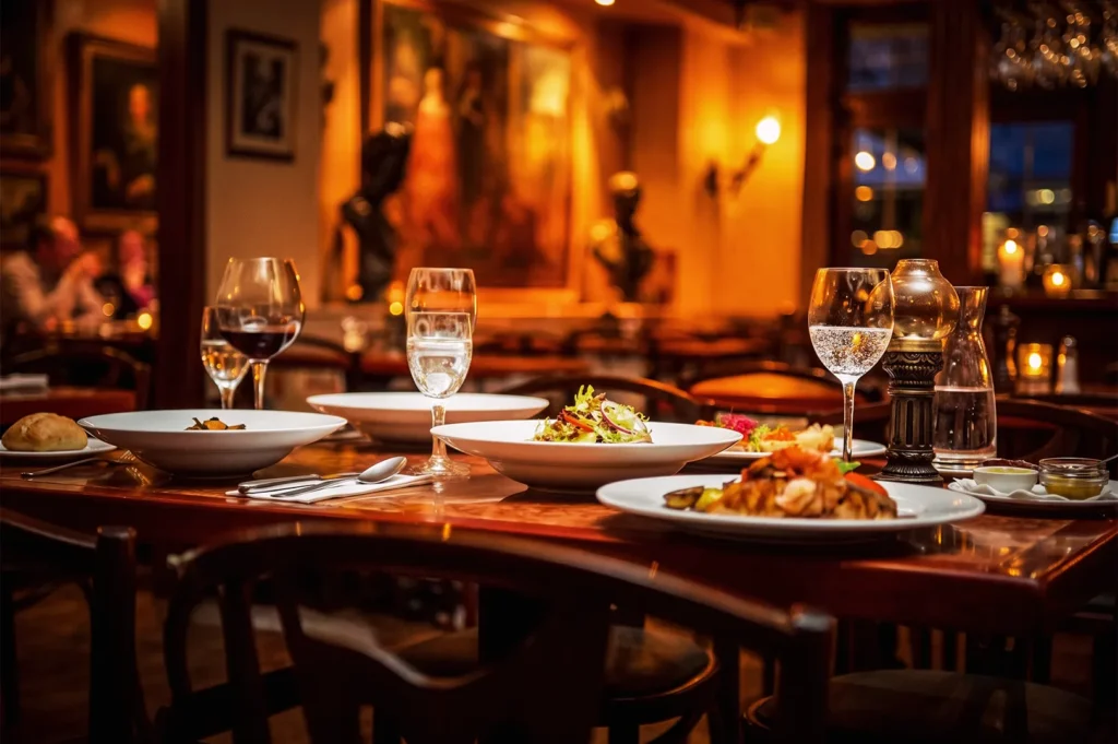 Warmly lit restaurant table featuring wine glasses, salads, and gourmet entrées, highlighting the inviting ambiance and sophisticated presentation of upscale dining.