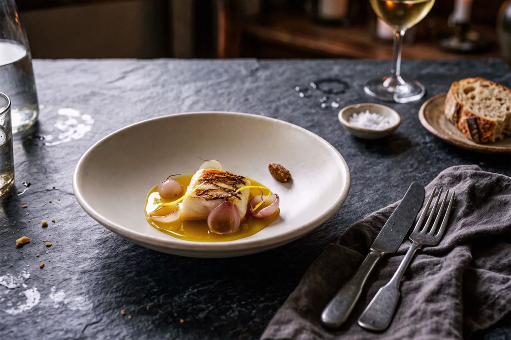 Minimalist plate featuring seared white fish with golden sauce and pearl onions, served with rustic bread and wine on a dark stone table, representing refined culinary artistry.